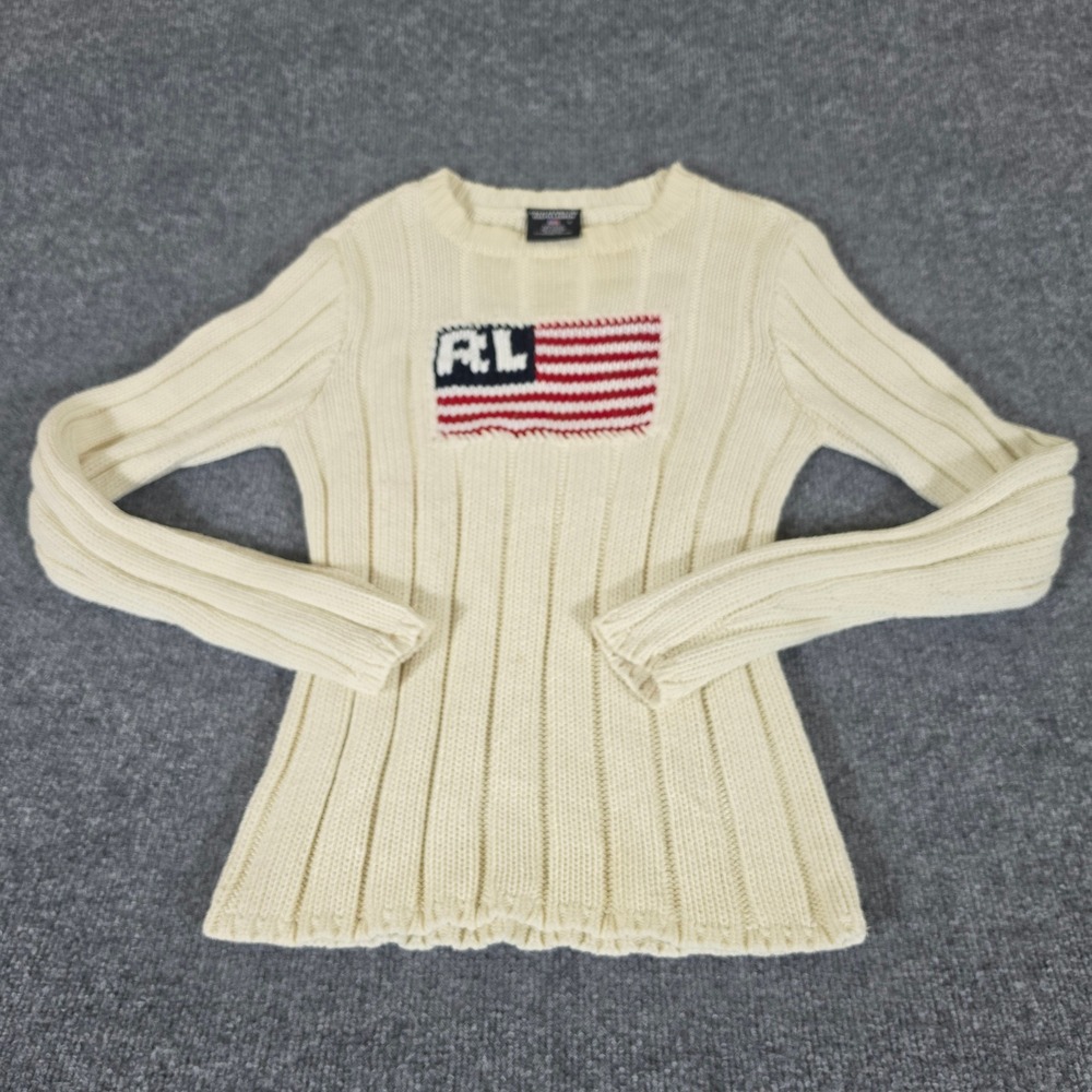 Polo Jeans Co Ralph Lauren Womens Cream Ribbed Cotton American Flag Sweater S